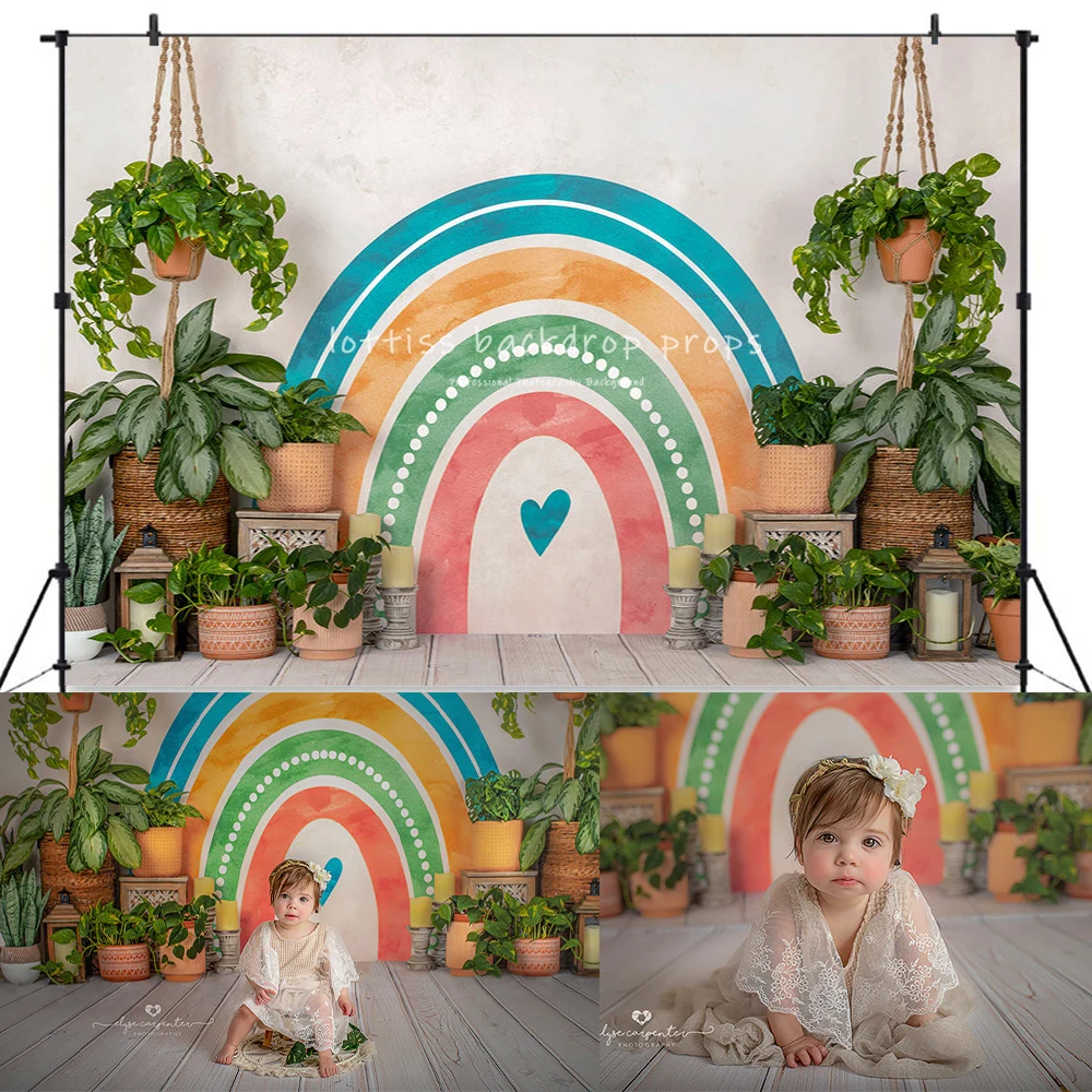 

Summer Boho Rainbow Backdrops Kids Baby Birthday Cake Smash Photocall Bohemian Plants Garden Backgrounds