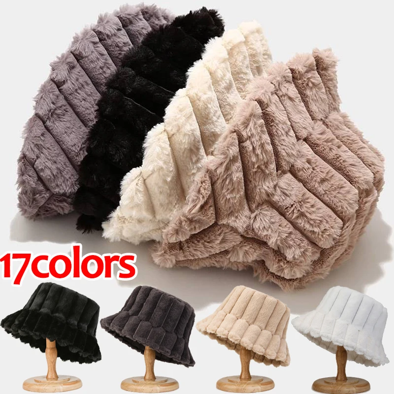 Winter Plush Vertical Stripe Fashion Retro Girl Bucket Hats Fisherman Hat Wide Brim with Fluff Hot Warmth Cold-proof Outdoor Hat