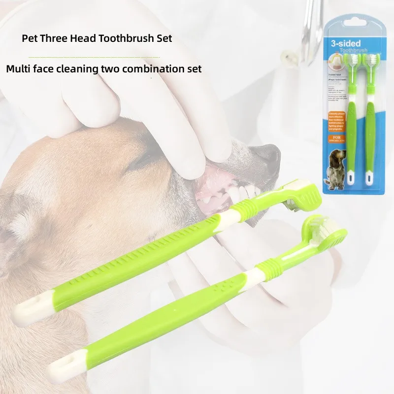 Pet Toothbrush Kit Dental Care Three Heads Dog Toothbrush Finger Toothbrush Teeth Care Dog Cat Cleaning Mouth Dog Toothbrush Kit