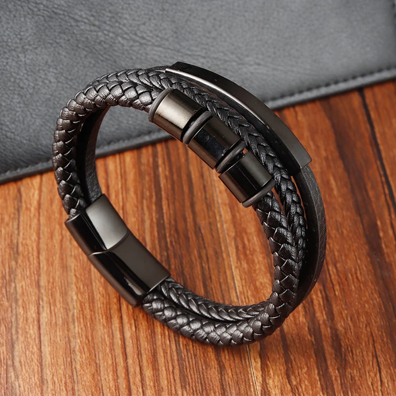 Double-layer Braided Rope Wrap Leather Bracelets for Men Charm Blue Black Classic Style Stainless Steel Bangle Couple Jewelry