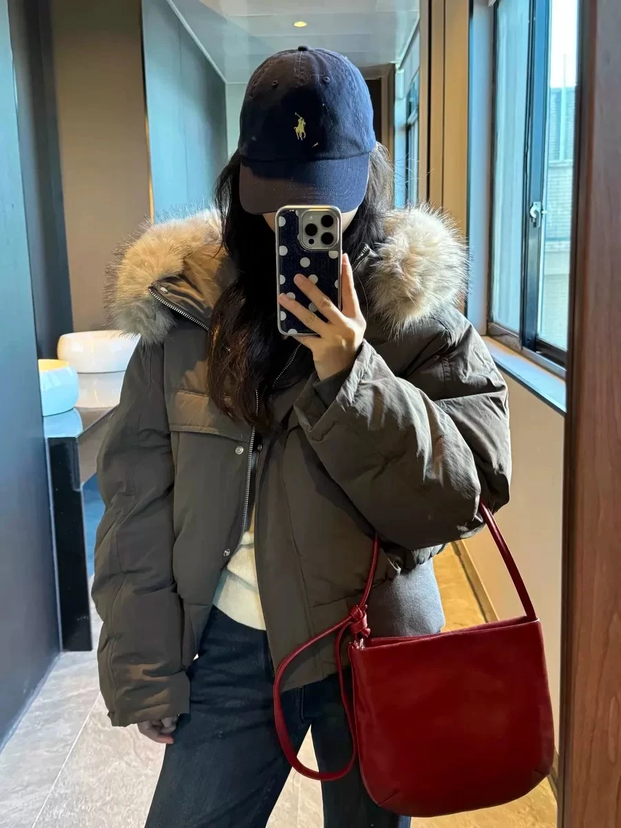 Women's Grey Hooded Long Sleeve Bread Coat Cotton Jacket French Elegant Street Style Winter Warm Casual Jacket Cotton Outerwear