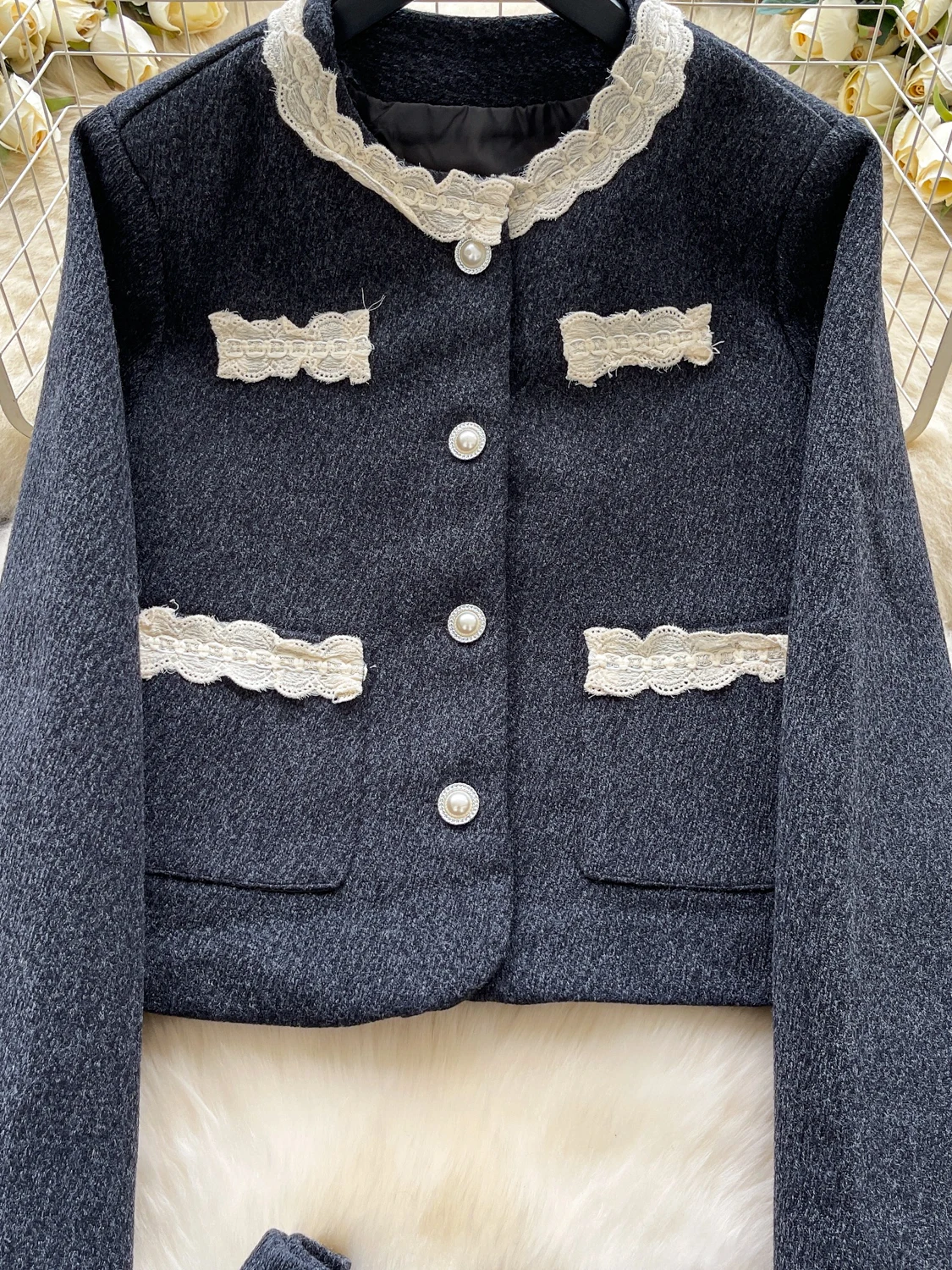 우아한 레이스 트림 긴팔 수트 재킷 하이웨이스트 플리츠 미니 스커트 가을 겨울 투피스 세트 프렌치 스타일 패션 앙상블