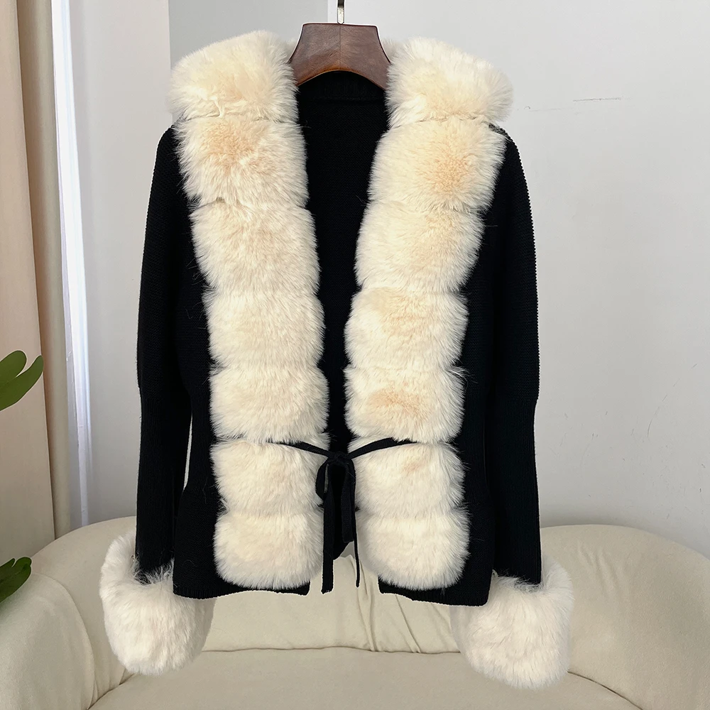 Detachable Collar Jacket Fur Knitted Cardigan Faux Fur Coat Patchwork Knit Sweater Bandage Autumn-winter Women\'s Fur Cardigan