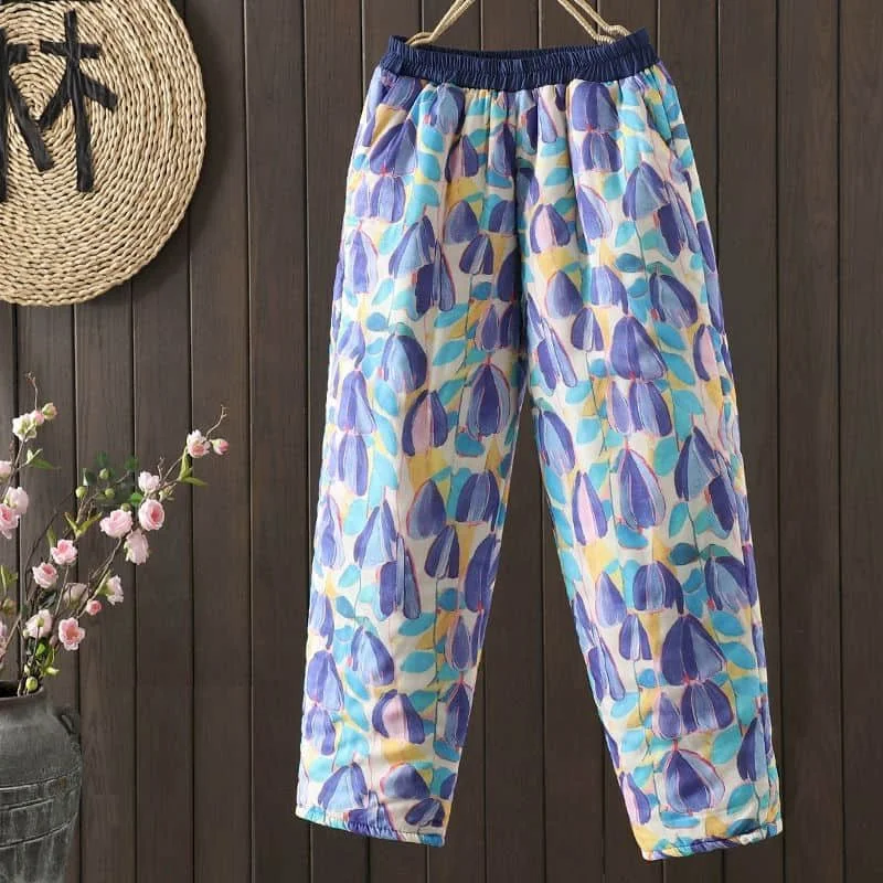 Harem Pants for Women Vintage Trousers Korean Style Flower Design Casual Lightweight Cotton Added Lantern Pants Women Clothing