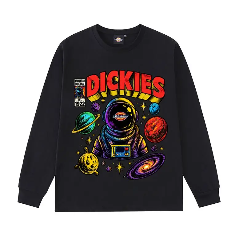 Dickies Trendy American Astronaut Planet Graphic Print Couple Pure Cotton Long Sleeve T-Shirt, Versatile Casual Top