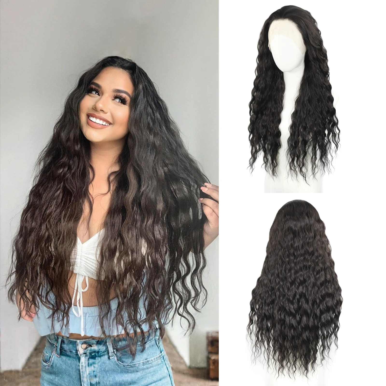 

26-дюймовые длинные волнистые синтетические парики спереди, предварительно выщипанные волосы, 13*4, свободная часть, термостойкое волокно, парик для ежедневного использования, плотность 130%