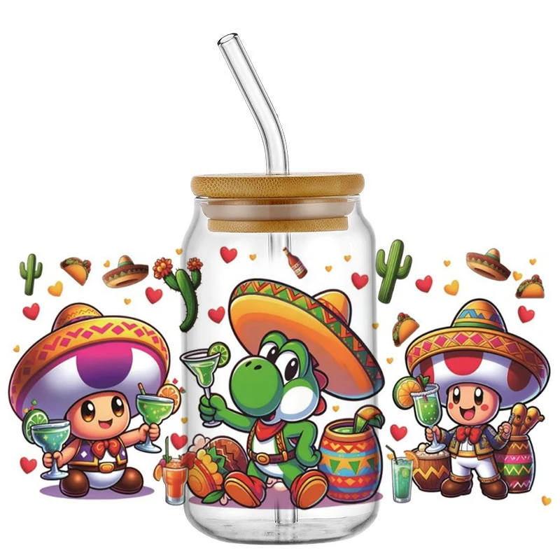 Miniso Mexican Hat Mixed Cartoon Decal UV DTF Cup Wrap for 16oz Libbey Can Waterproof DIY Cute Design Transfer Sticker