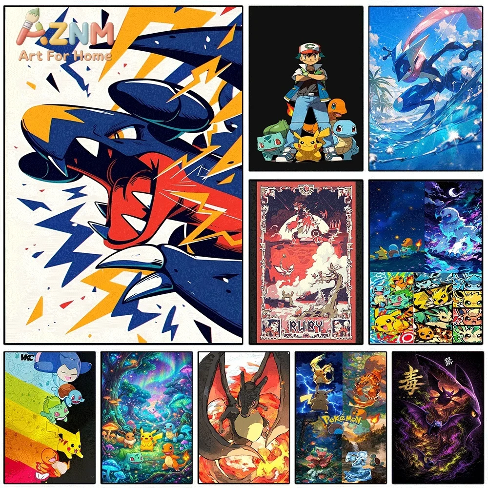 Anime Pokemon Garchomp Thunder Burst Graphic Canvas Wall Art, Popular Cartoon Character Frameless Canvas Painting for Kids Bed