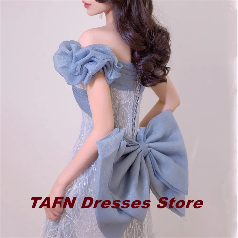 TAFN Korea Reception Dresses Contrast Color Off the Shoulder Pleat Bridal Gown Big Bow Lace-up Elegant Wedding Dresses