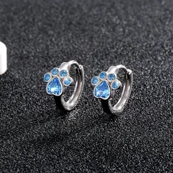 Girls' Lovely Cat Footprint Hoop Earrings Small Cute Blue Zirconia Stone Cat-Paw Simple Hoops Ear Piercing Jewelry For Women
