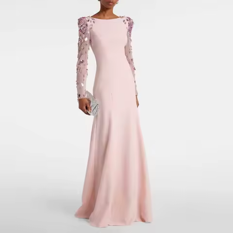 Customized Luxury Evening Dresses for Women Boat Neck Illusion Sequin Full Sleeve Evening Gowns Mermaid Pink Wedding Guest Dress