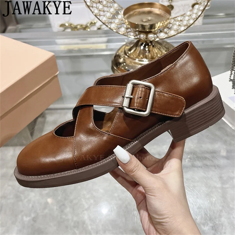 

Cross Buckle Round Toe loafer Shoes Women Brown Black Genuine Leather Casual Flat Shoes Spring Summer Luxury Punk Shoes Woman