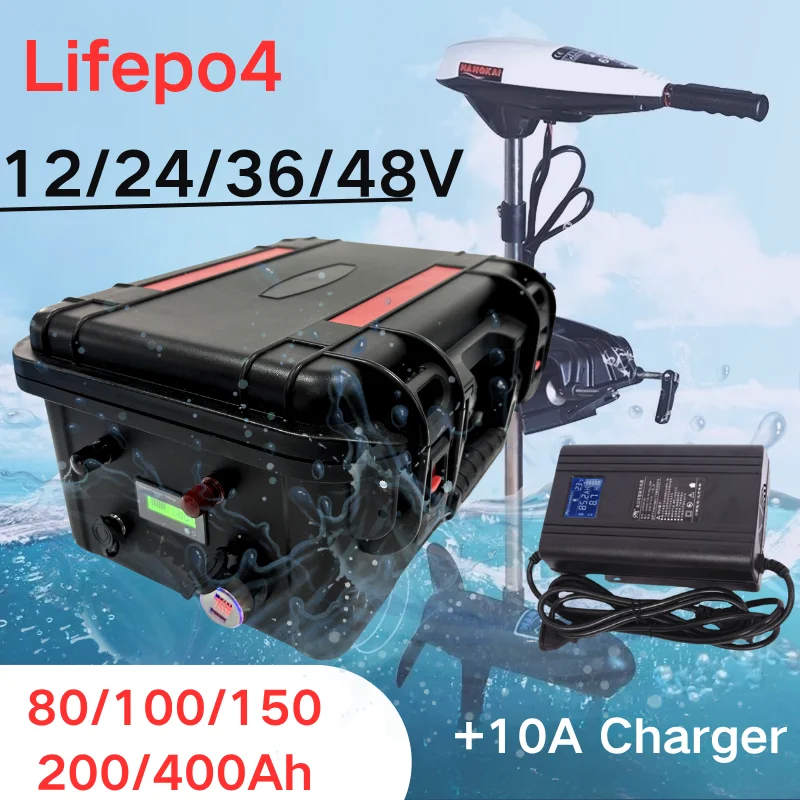 

EB Waterproof 12V 24V 36V 48V 80Ah 100Ah 150Ah 200Ah 400Ah Lifepo4 battery BMS inside for trolling motor boat RV +Charger