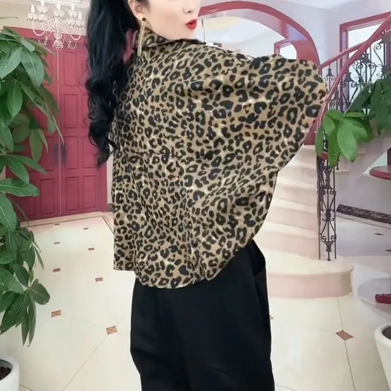 FAVRE Leopard Batwing Sleeve Bomber Jacket Women Loose Fashion Short Button Coats Female Autumn Vintage Casual Outwear Tops