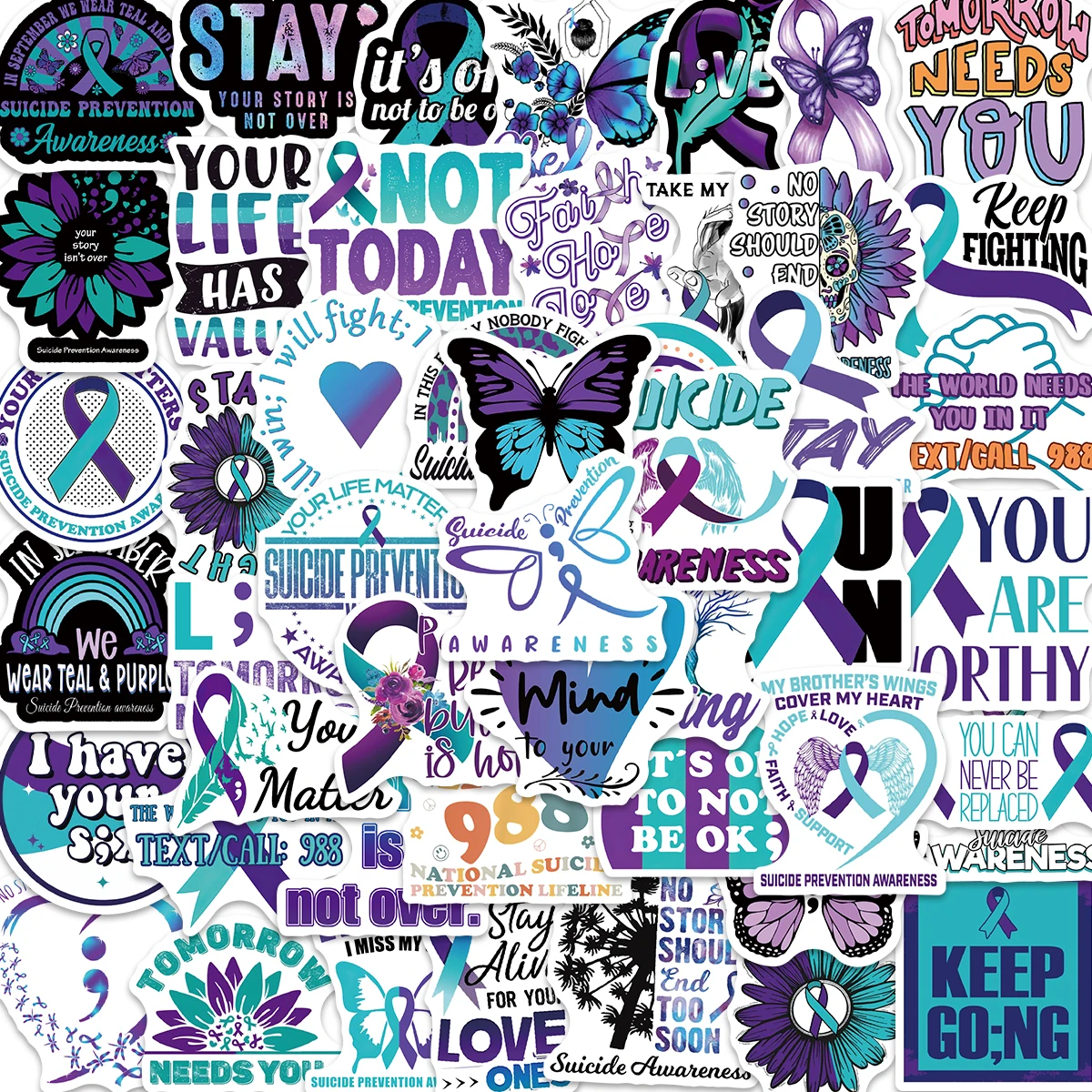 50pcs Anti Suicide Prevention Awareness Sticker For Laptop Scrapbook Luggage Box Water Bottle Mental Health Waterproof Stickers