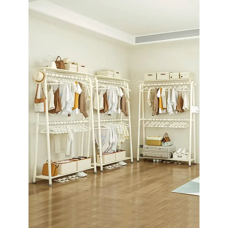 Modern Creamy Style Iron Double-Layered Floor-Standing Space-Saving Coat Rack for Bedroom and Living Room Storage