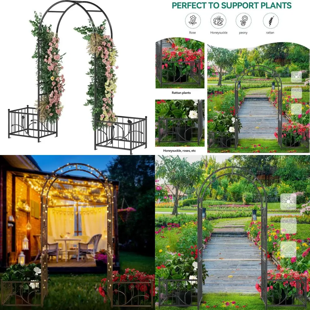 

Черная металлическая садовая беседка с коробками для цветов, свадебная арка на открытом воздухе для вьющихся растений, элегантная церемониальная арка