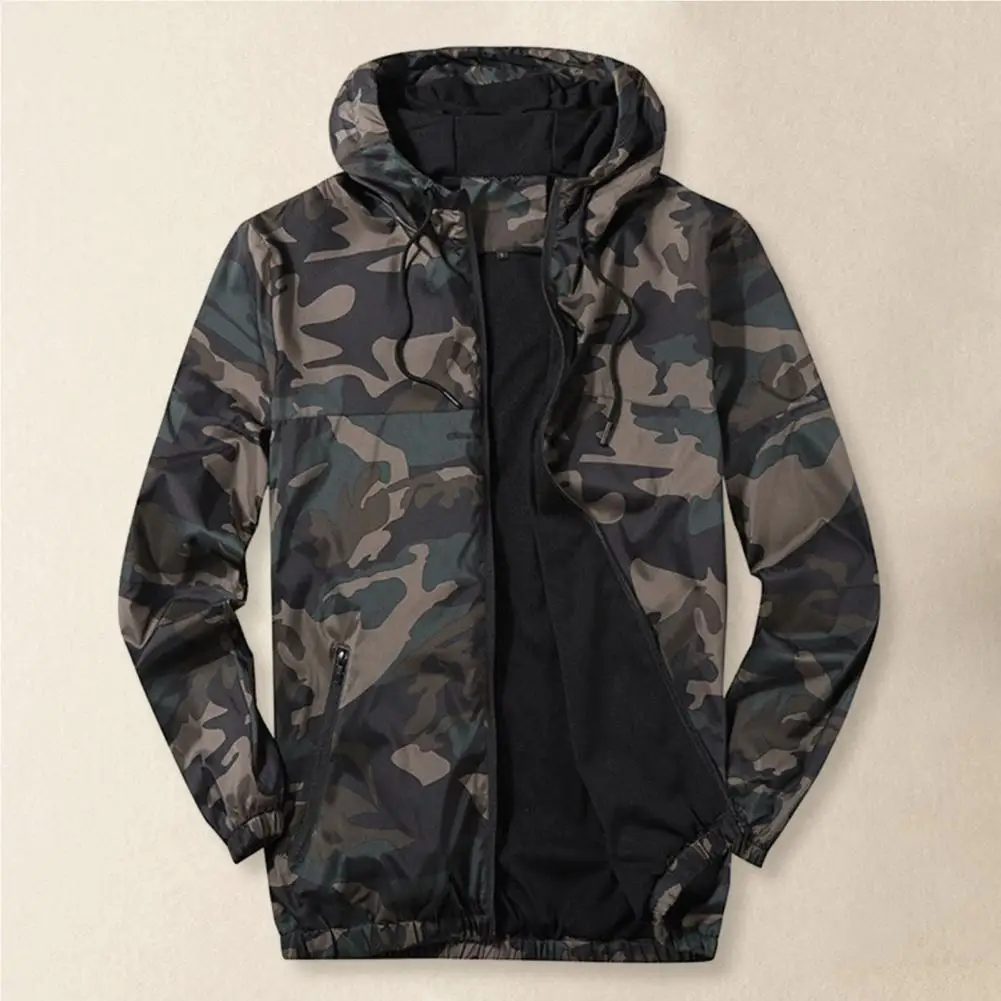 Men Autumn Winter Coat Mesh Camouflage Print Breathable Hooded Drawstring Long Sleeve Zipper Closure Pockets Men Jacket