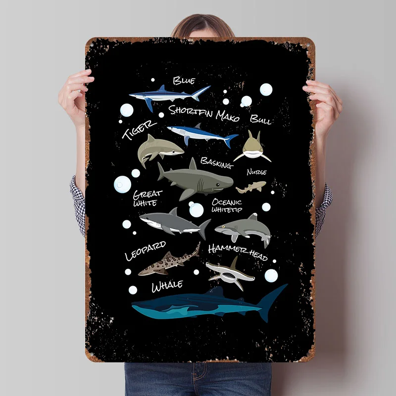 Hai-Arten Hai-Fisch Gedrucktes Poster Personalisierte Wandkunst Retro Vintage Metallblechschilder für Heim-Schreibtisch-Dekoration Bar-Accessoires