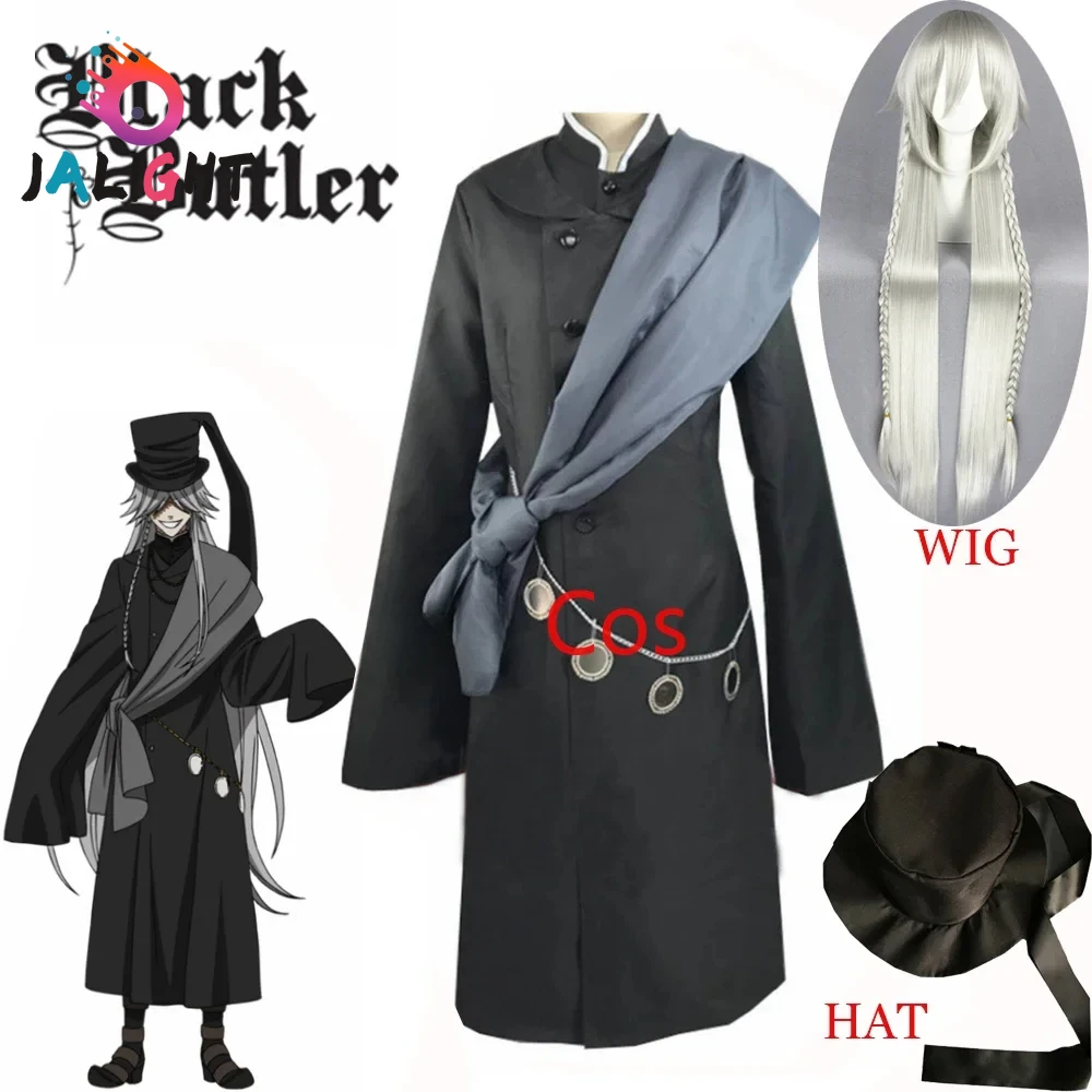 Hot Sale Black Butler Kuroshitsuji Undertaker Cosplay Costume Halloween Party Costumes Custom Made Full Set Hat Chain and wig