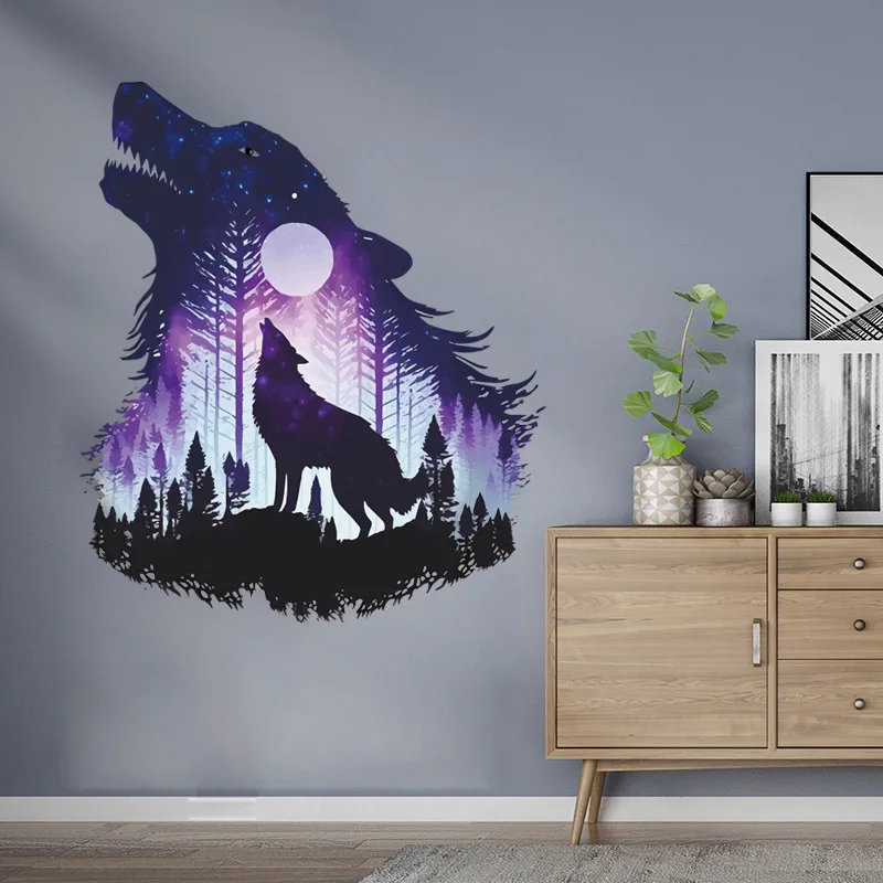 Moon Wolf Howling Starry Forest Wall Sticker Self-adhesive Removable Vinyl PVC Home Decor for Living Room Bedroom