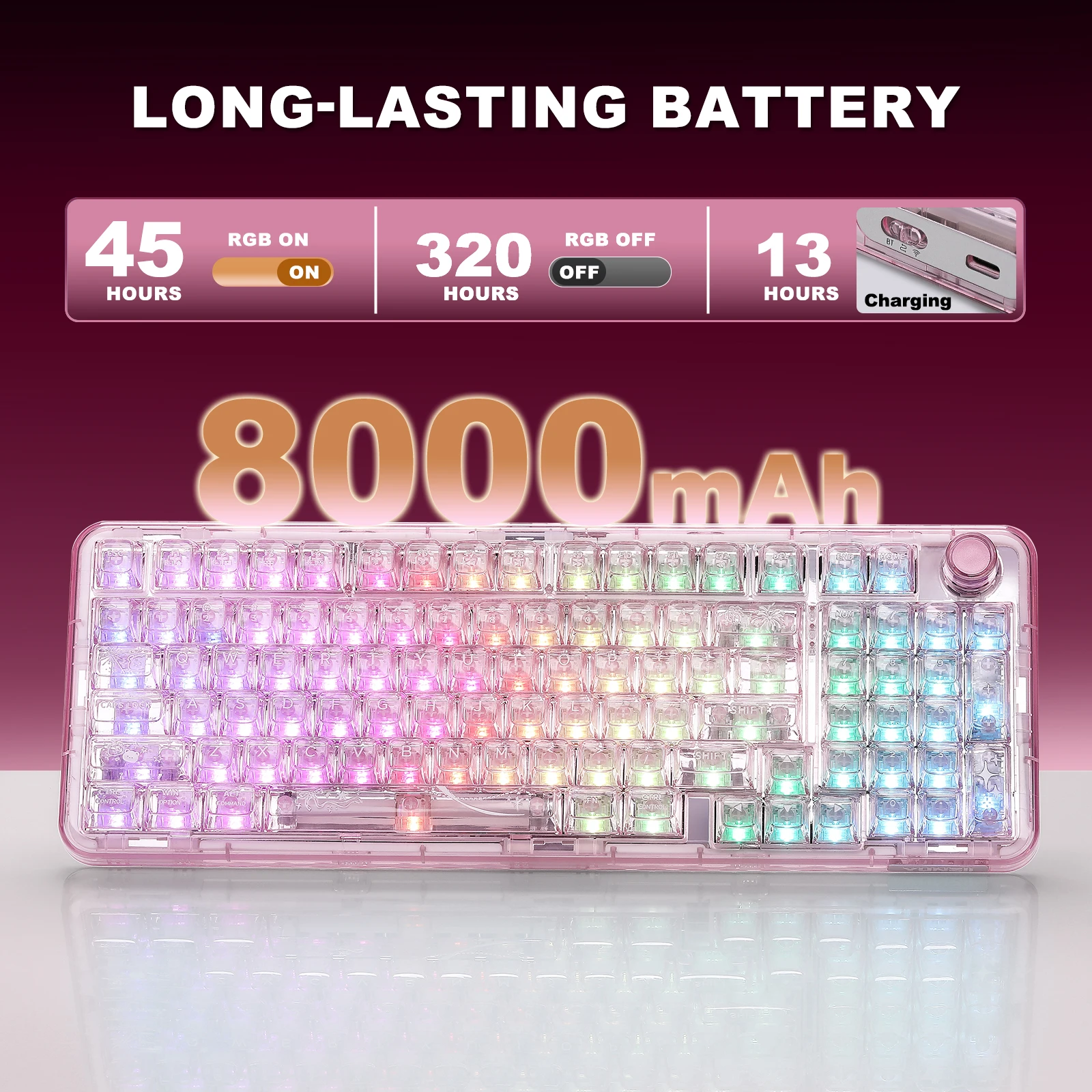 YUNZII X98 Pink QMK/VIA لوحة مفاتيح RGB لاسلكية شفافة، لوحة مفاتيح ميكانيكية للألعاب بحشية قابلة للتبديل السريع، لوحة مفاتيح بمقبض مسبقًا