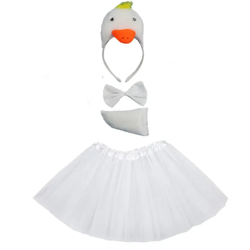 Women Girls Yellow Duck White Goose Animal Costume Headband Bowtie Tail Tutu Set for Halloween Christmas Cosplay Party