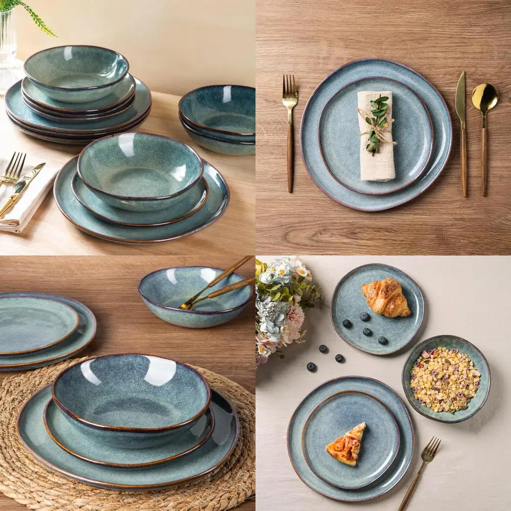 

«Прочный набор столовой посуды из камня с реактивной глазурью ручной работы, устойчивый к скольжению и растрескиванию, подходит для использования в посудомоечной машине».