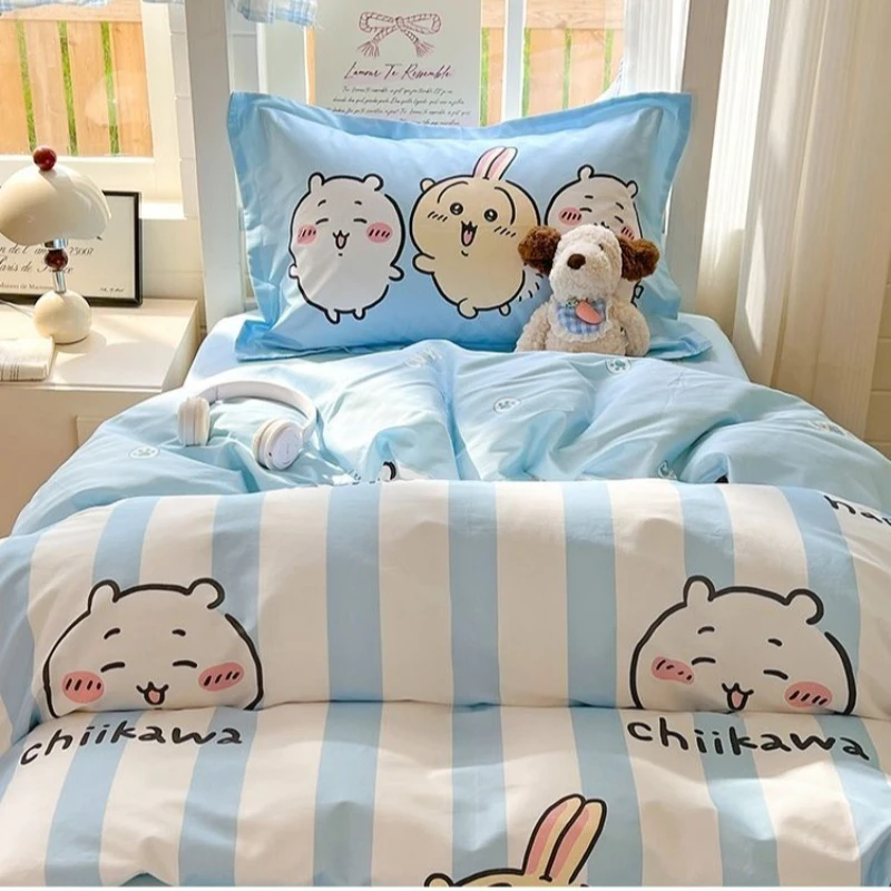 Anime Kawaii Chiikawa Usagi Student Dormitory 100% Cotton Bed Supplies Pure Cotton Quilt Cover Bed Sheets Bedroom Four Piece Set