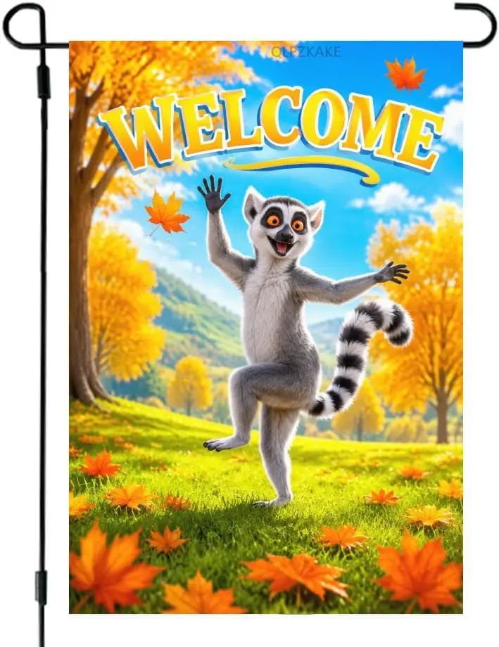 Lemur Garden Flag 12x18 Inch Linen Double Sided Welcome Sign Lemur Running Along Flower Lined Path Autumn Seasonal Outdoor D aaz