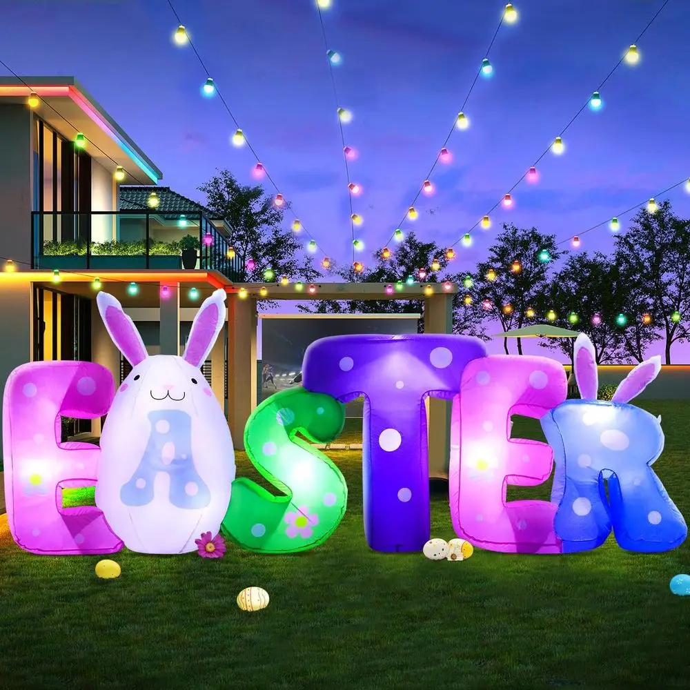 

New 8FT Long Easter Iatable Banner Outdoor Decorations with, Build-in LED Lights Holiday Blow Up Yard Decoration, for Easter Hol