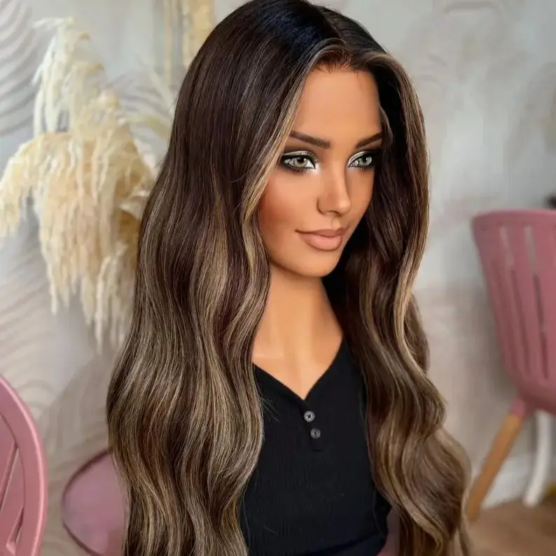 

Long Natural Body Wave Wig Highlight Ombre Chestnut Brown Synthetic Lace Front Wigs Hight Temperature Fiber Glueless Wigs