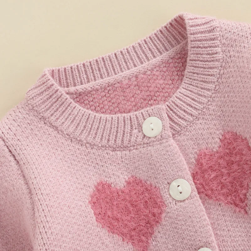 Baby Girl Sweater Fall Winter Clothes Heart Print Long Sleeve Button Closure Knit Korean Cardigan Baby Tops Outerwear Clothing