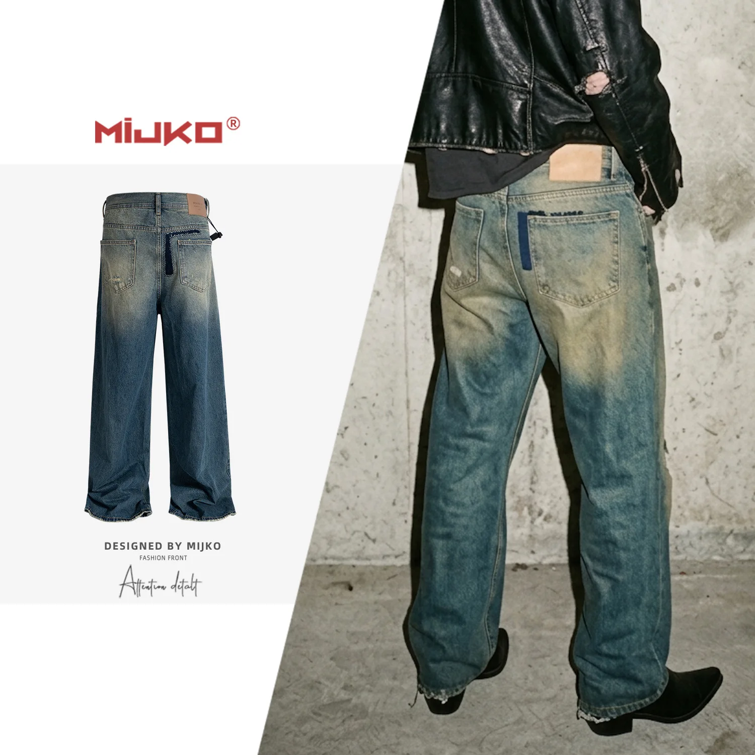 Calça Jeans Unissex MIJKO de Corte Reto com Patches e Lavagem Desbotada Azul, Calça Longa Casual de Algodão para Homens e Mul...