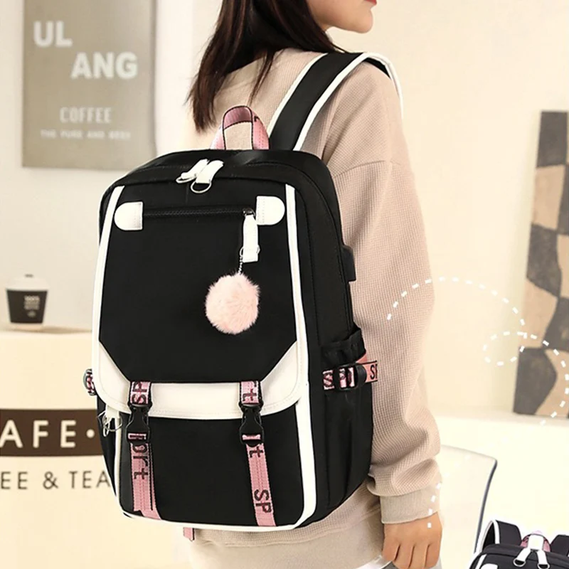 Oxford Bookbag with Printed Ribbon Straps Casual Stylish Color Block Backpack for Teen Girls Student School Bag