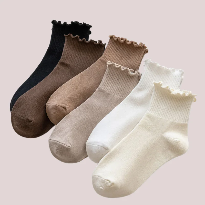 

3/6 Pairs High Quality Women's Mid Tube Broken Flowers Socks Solid Style Breathable Girls Short Socks Frilly Ruffle Cotton Socks