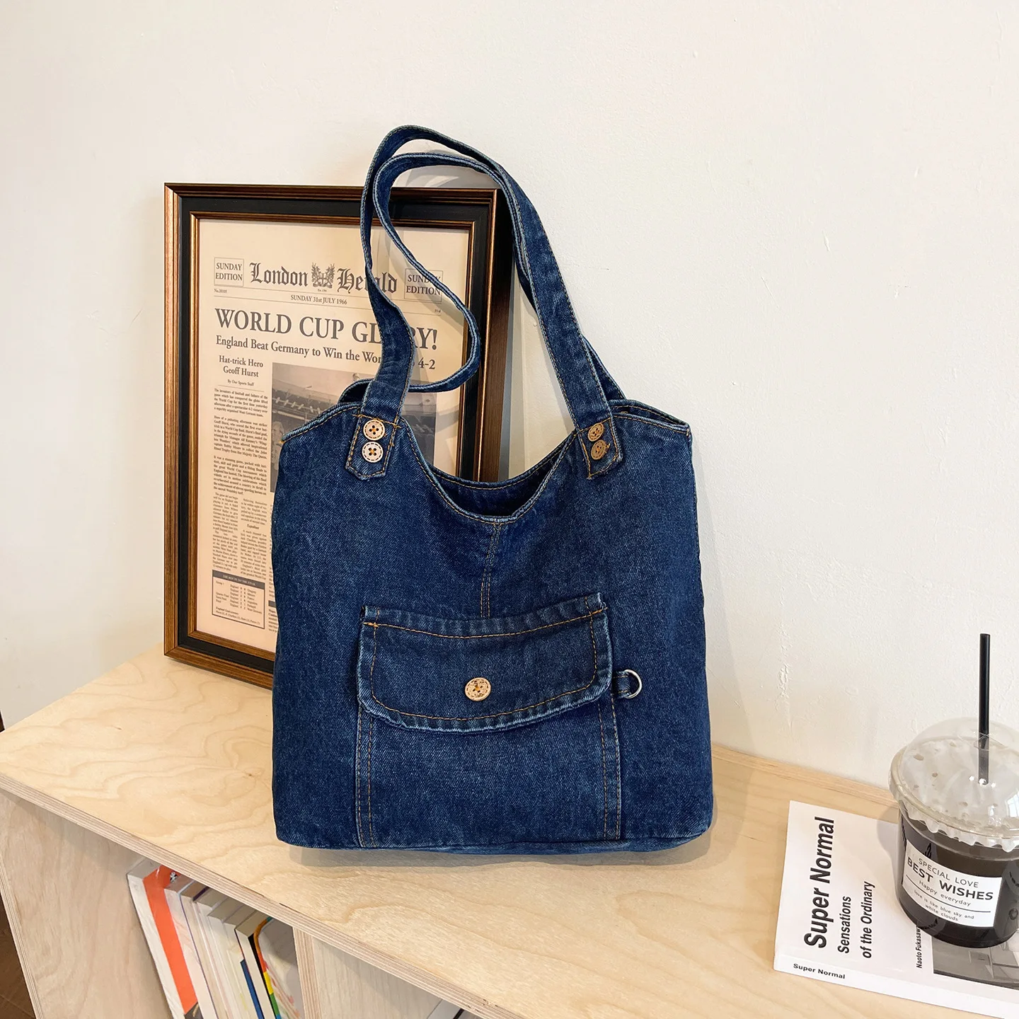 Vintage Simple Denim Shoulder Bags for Women Casual Large Capacity Ladies Tote Bag Versatile Portable College Class Handbag