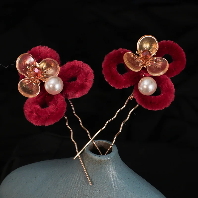 신부 머리 장식 중국 스타일 Xiuhe 정장 술 머리 걸쇠 벨벳 꽃 클래식 Updo Cheongsam 의상 헤어 액세서리