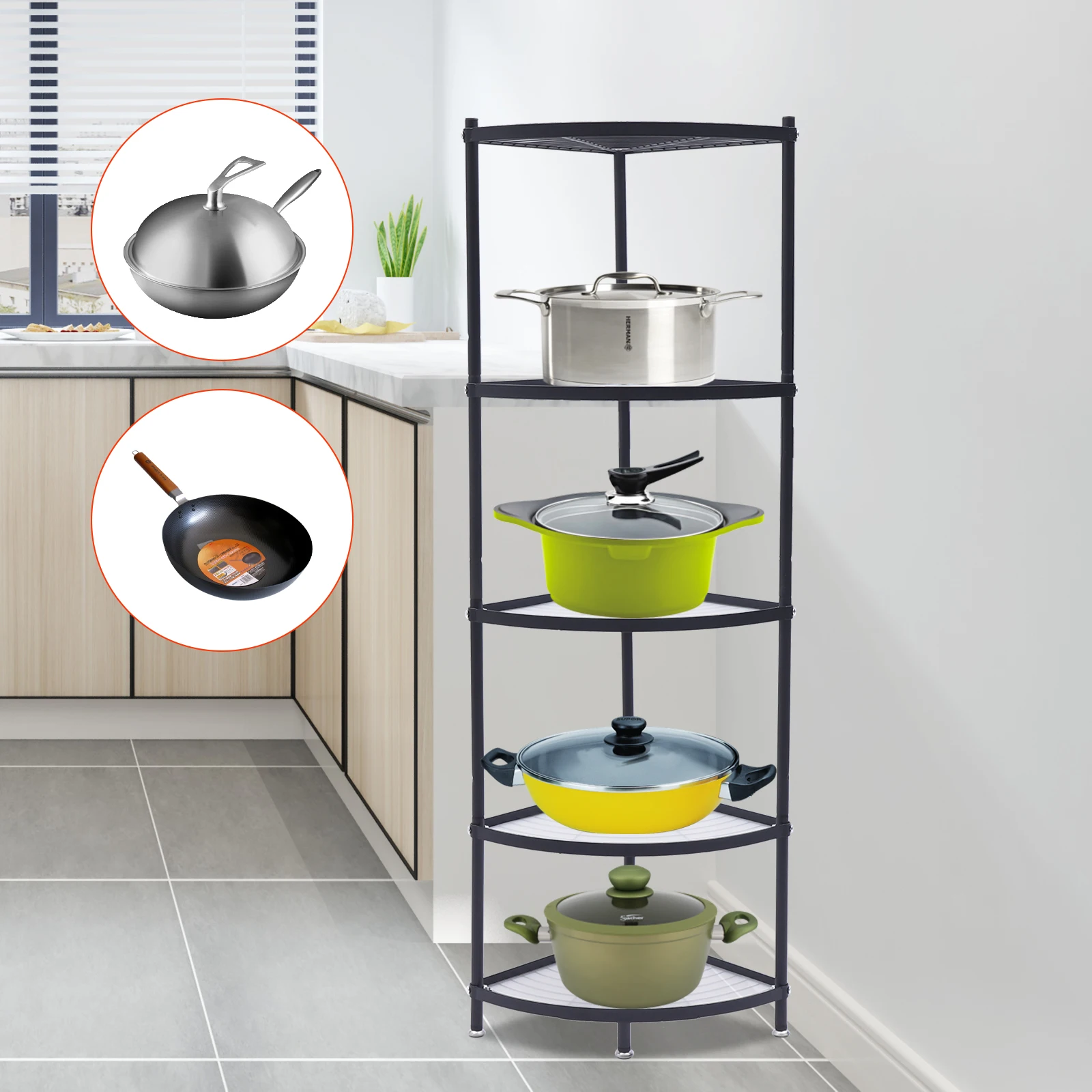 

5 Tier Home Kitchen Storage Shelves Metal Corner Shelf Pot Rack Stand, Rust Resistant, Pot Rack Storage Organizer Space Saving