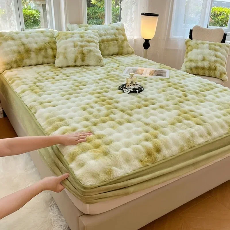 Winter Warm Bubble Velvet Bed Sheet Colorful Plush Thicken Soft Mattress Anti Slip Protective Cover Home Bedding Single Piece