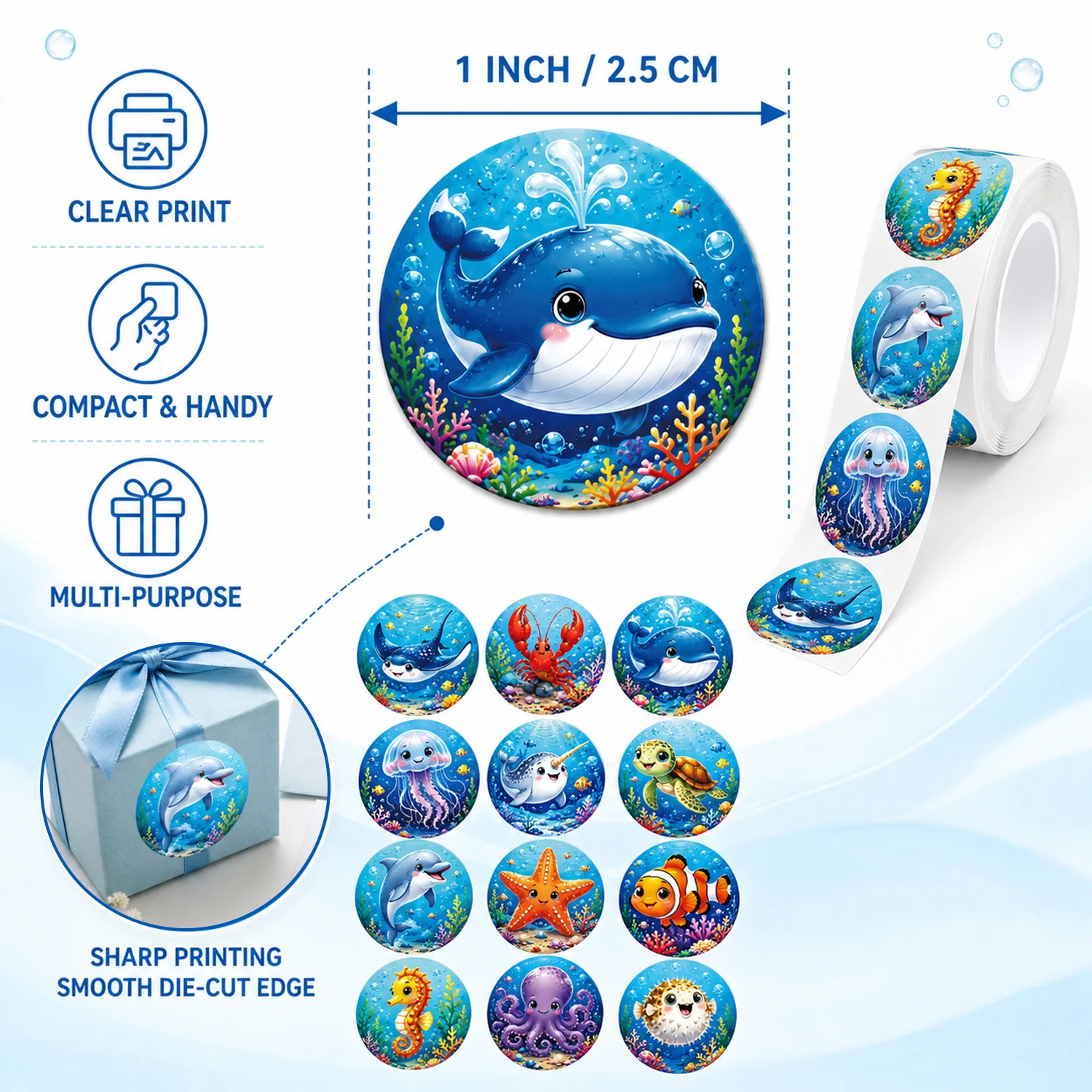 JCAC 500pcs/roll Ocean Animal Stickers Bulk, Self-Adhesive Marine Life Reward Decals for Gift Box Decoration
