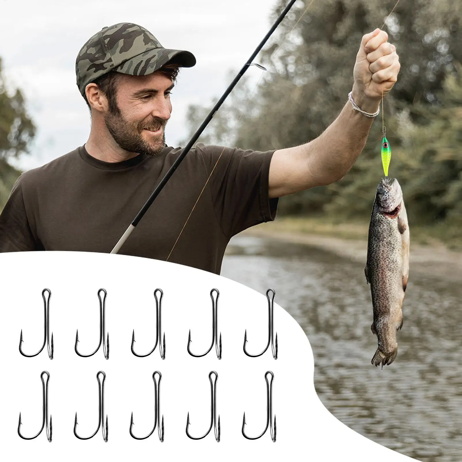Barbed Fish Hooks 10 Pack High Carbon Steel Treble Hooks Anti Escape Frog Lures Tackle Set Catfish Crappie Shrimp Fishing - view 3