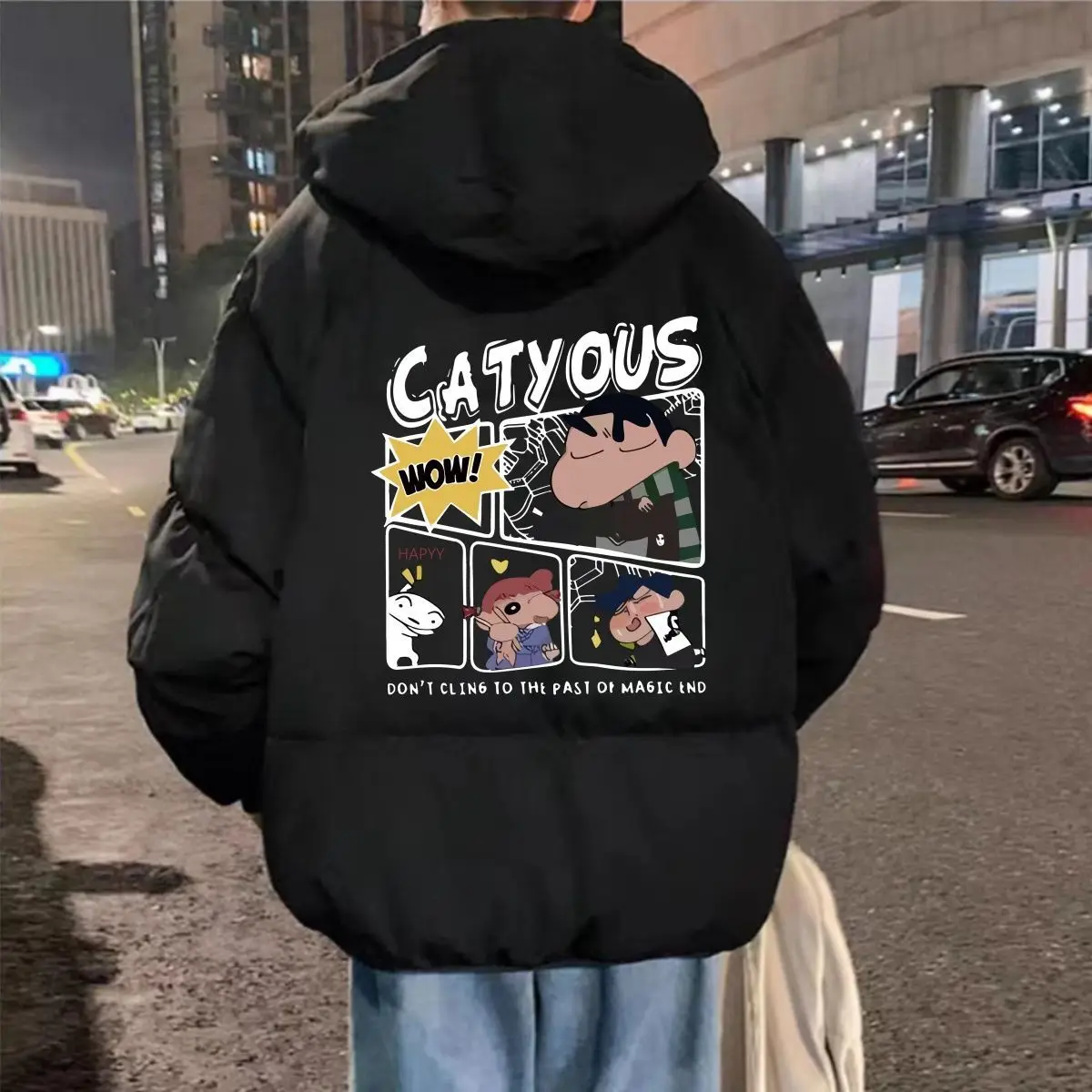 Fashion Anime Crayon Shin-Chan Graphic Hooded Cotton Puffer Jacket Cartoon Dinosaur Shiro Pattern Loose Couple Street Outerwear
