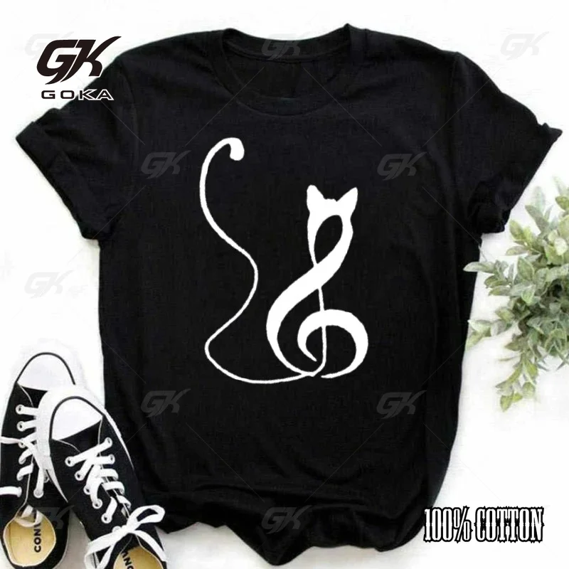 Minimalist One-Line Cat Shaped Musical Treble Clef Graphic Unisex clothes tops T Shirt, Pet Music Fan Short Sleeve Tee