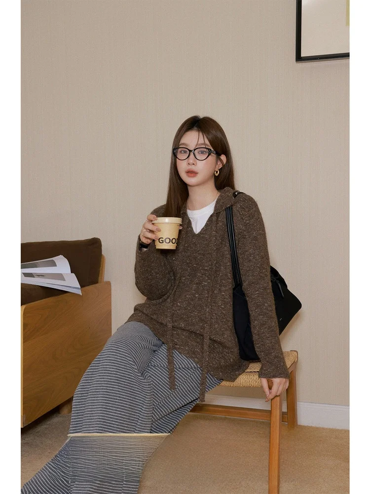 

Loose Fit Knitted Wool Sweater with Belt Long Sve Turn-down Collar Multicolor Lazy Sle Women's Premium Faion Top