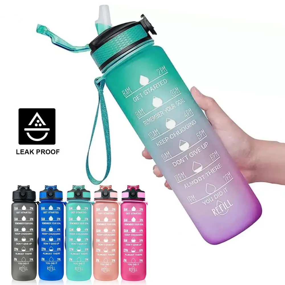 1000ml Water Cup Food Grade Leakproof with Time Marker Dust-proof Motivational Sports Water Bottle with Straw Office Supplies