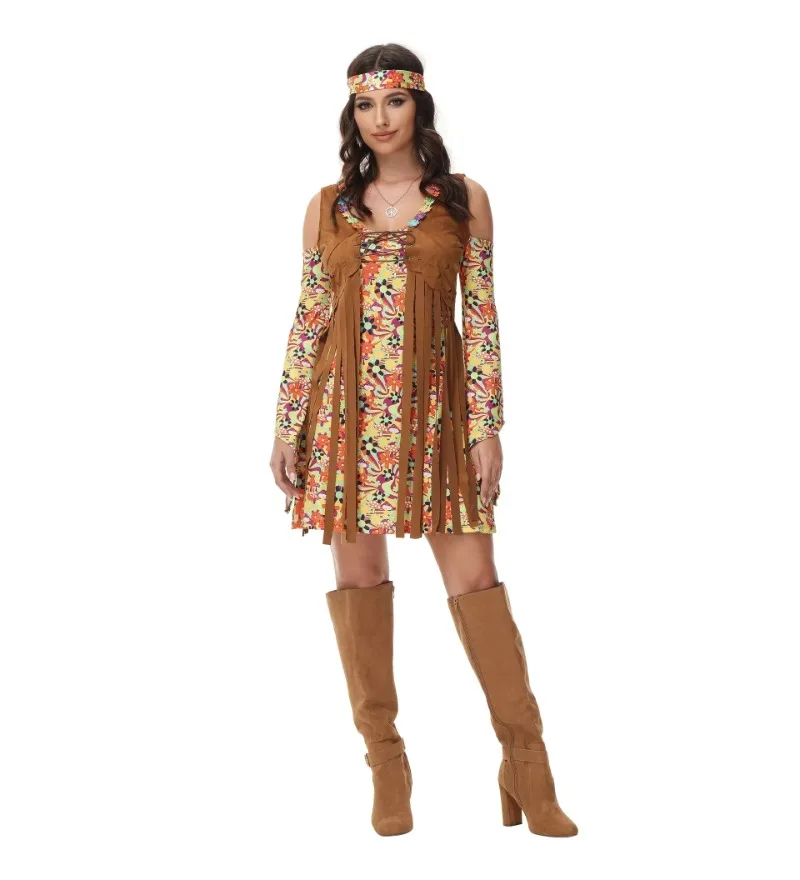 

Hippie Disco 60s 70s Cosplay Costume Women Peace Love Girls Indian Tassels Hippie Vest Cardigan Halloween Carnival Party Outfits