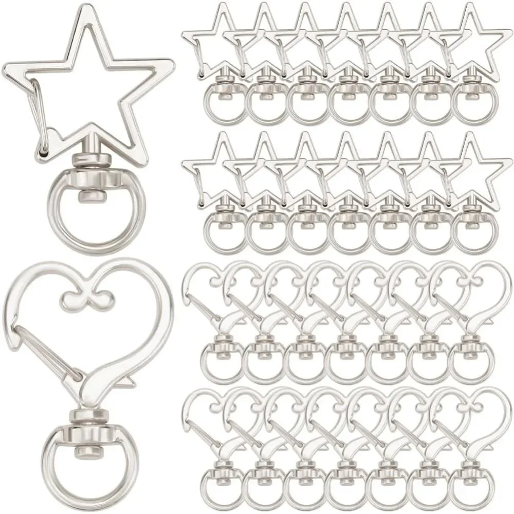 1 Box 40Pcs Swivel Lobster Clasp Silver Keychain Trigger Clasp Bulk Star Heart Shape Swivel Snap Hook Keychain Clip Alloy Spring