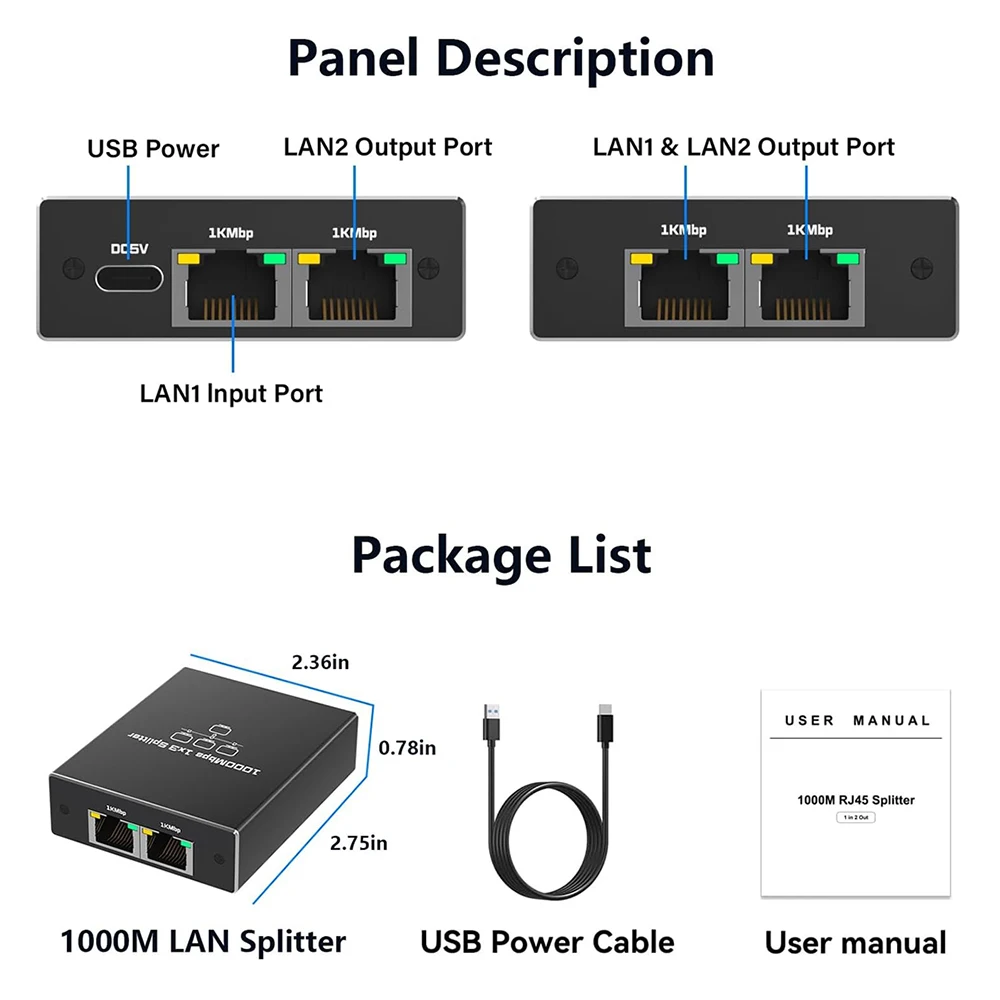 1000Mbps Ethernet Splitter Adapter LAN Extender RJ45 1to3 Network 1-in 3-out Works Simultaneously For TV Computer Router Switch