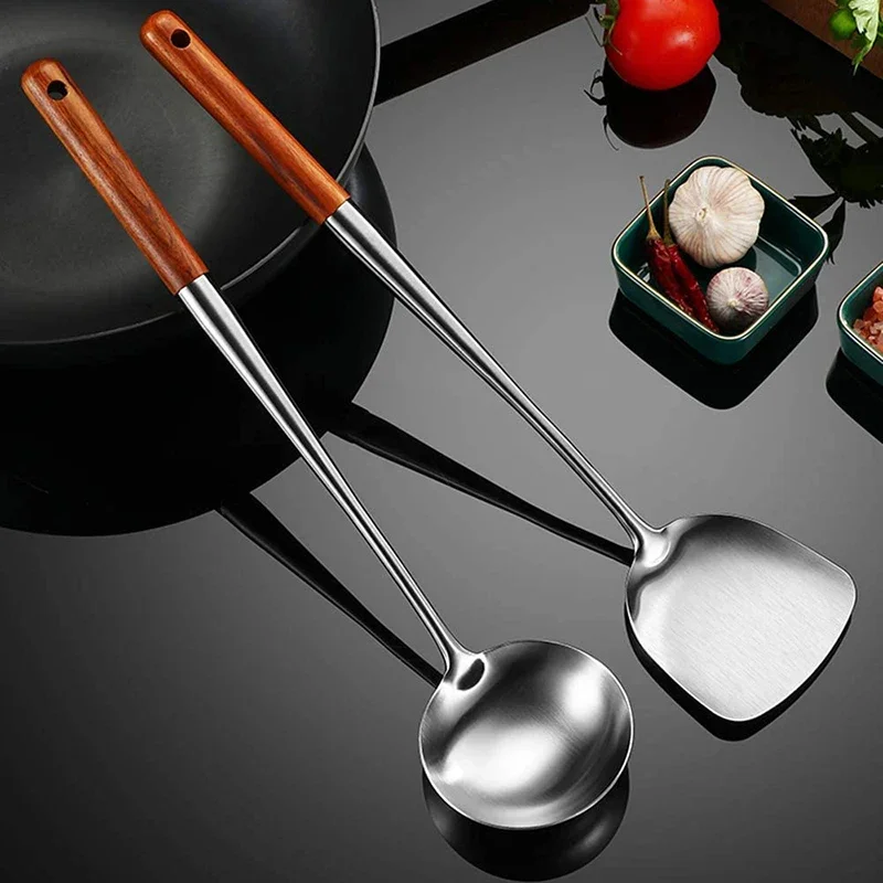 304Lange Steel Rvs Wok Spatel Cooking Equpment Kitchen Utensils Keuken Sleuven Rijst Lepel Kookgerei Gebruiksvoorwerp Set Turner